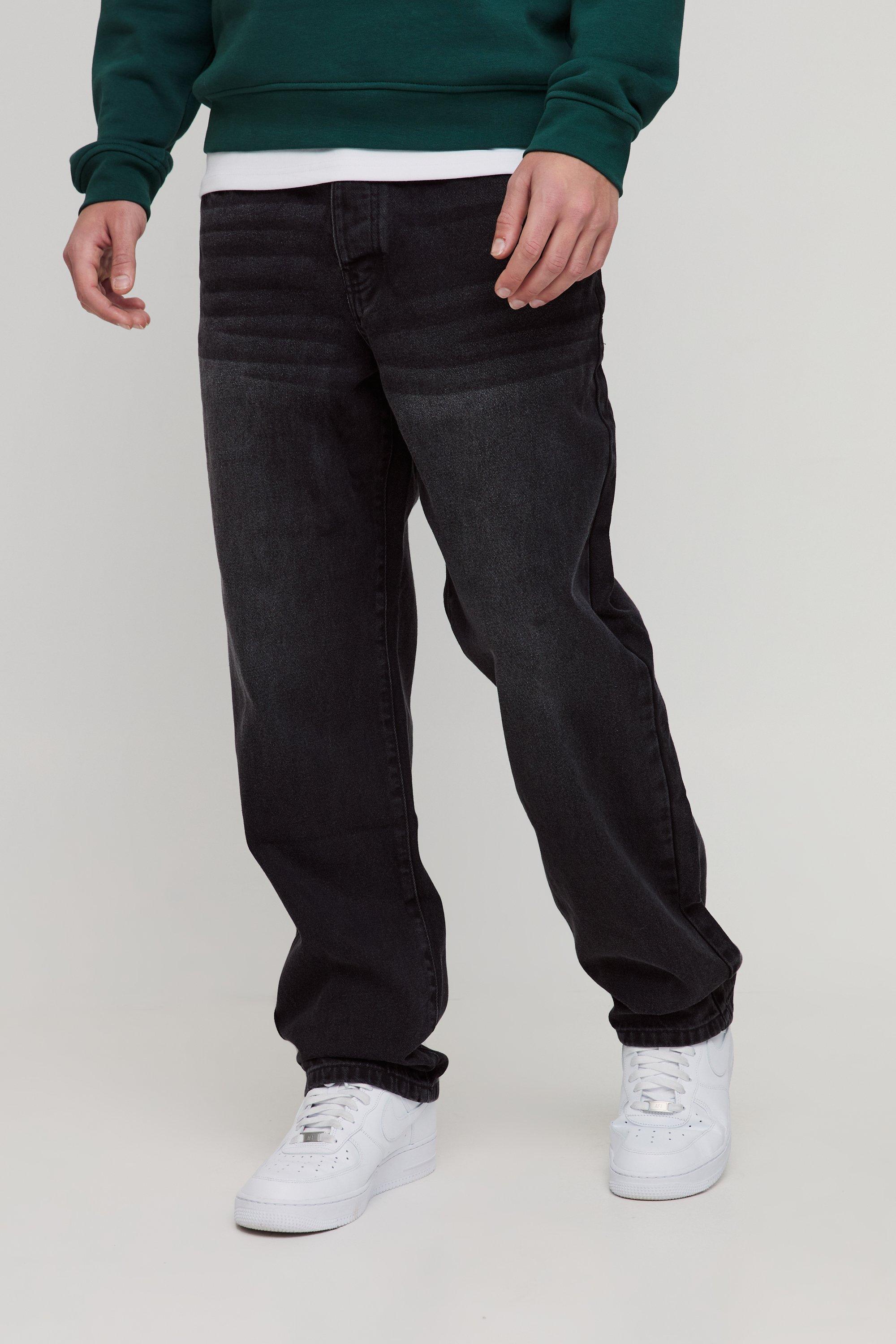 Mens Black Relaxed Rigid Washed Jeans, Black